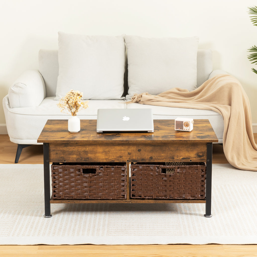 Leoglint Metal coffee table,desk,with a lifting table,and hidden storage space.There were two removable wicker baskets that could be placed in any space such as the living room,color:brown with fire wood grain