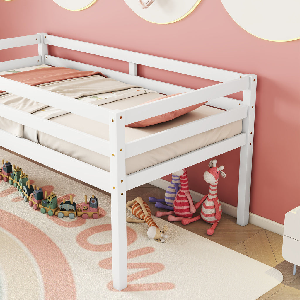 Twin Low Loft Bed Frame with Slide,  Ladder, Safety Guardrails, No Box Spring Needed,White