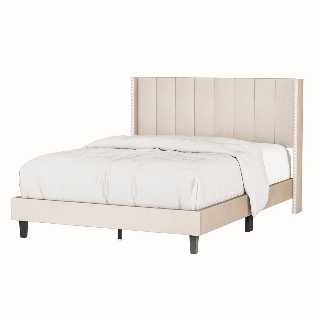 Queen Bed Frame/Velvet Upholstered Bed Frame with Vertical Channel Tufted Headboard Beige