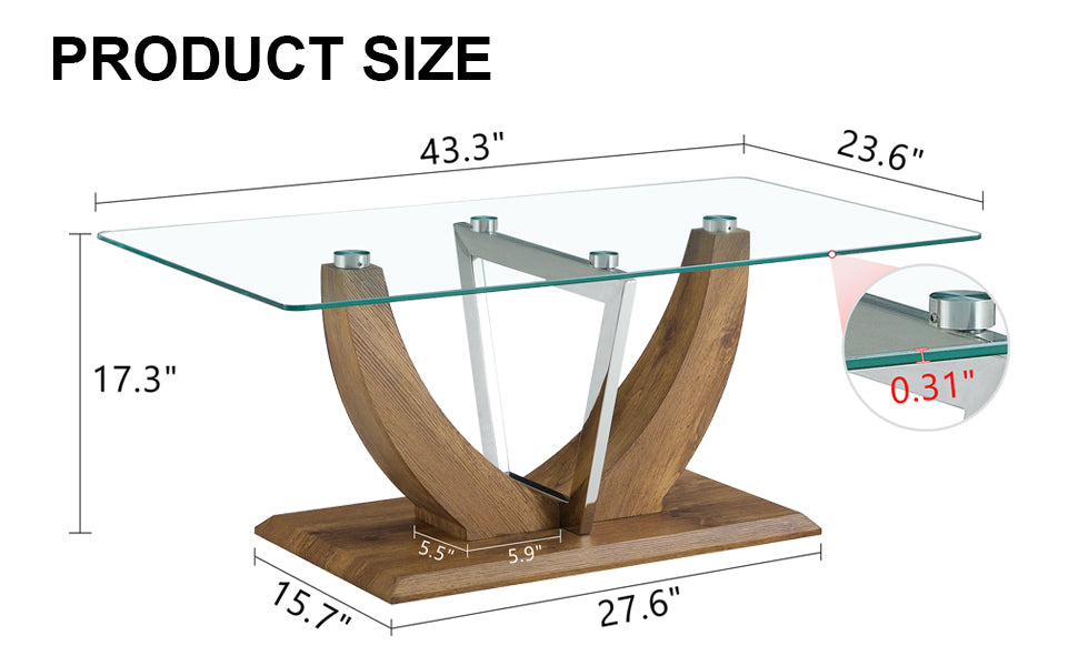 Leoglint Modern minimalist transparent tempered glass coffee table with wooden MDF legs and stainless steel decorative columns. Computer desk. Game table. CT-907