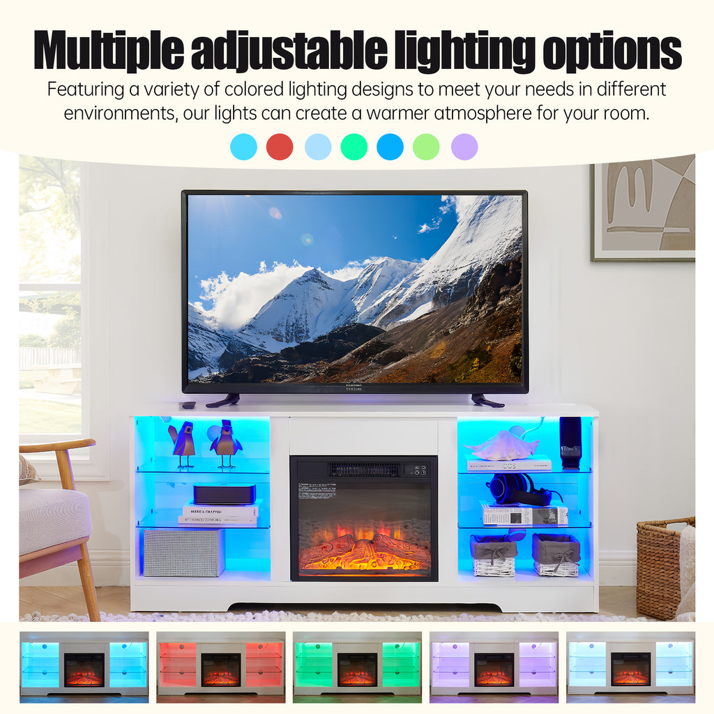 Leoglint TV Stand Electric Fireplace TV Stand with Glass Shelves, 3D Fireplace TV Stand with LED Lights Wood with USB Charging Outlet Modern Television Table Center for TV up to 32-62" White 58''W*15.5''D*24.4