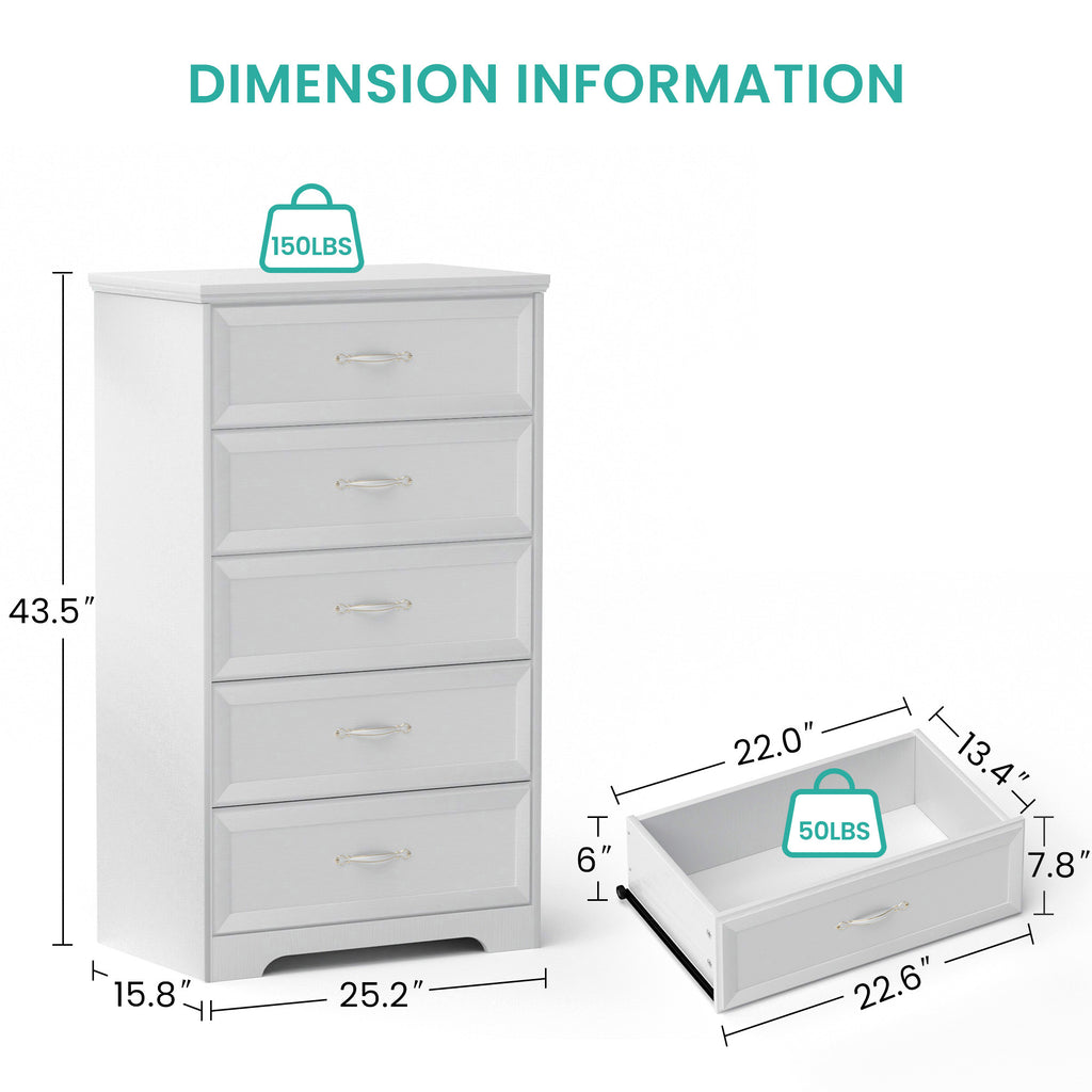 Leoglint Modern 5 Tier Bedroom Chest of Drawers, Dresser with Drawers,Drawer Chest, Clothes Organizer -Metal Pulls for Living Room, Bedroom, Hallway, White, 25.2″L x 15.8″W x 43.5″H