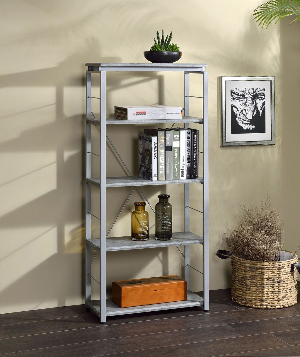 Leoglint ACME Jurgen Bookshelf, Faux Concrete & Silver 92907