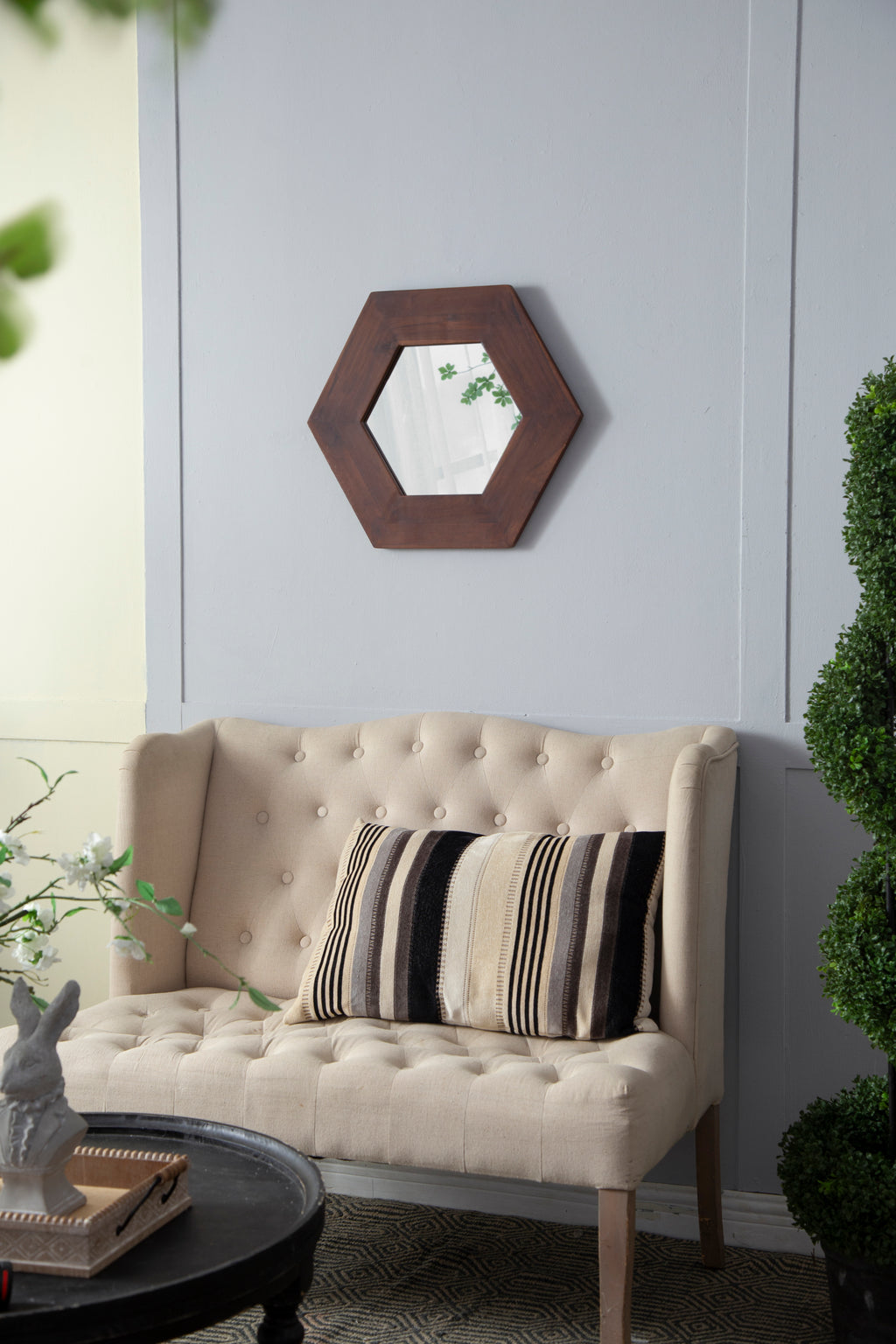 Leoglint 18.5" x 18.5" Hexagon Mirror with Solid Wood Frame, Wall Decor for Living Room Bathroom Hallway, Dark Brown