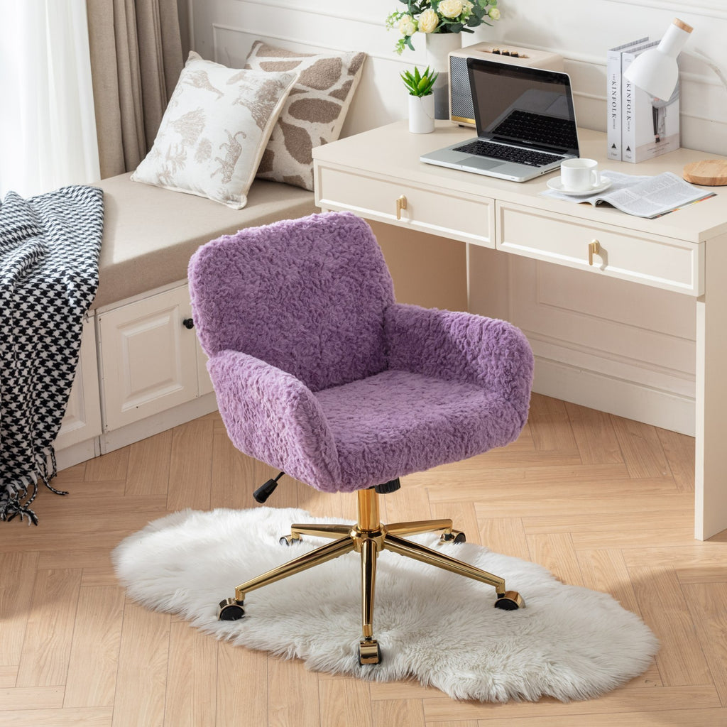 Leoglint A&A Furniture Office Chair,Artificial rabbit hair Home Office Chair with Golden Metal Base,Adjustable Desk Chair Swivel Office Chair,Vanity Chair(Violet)