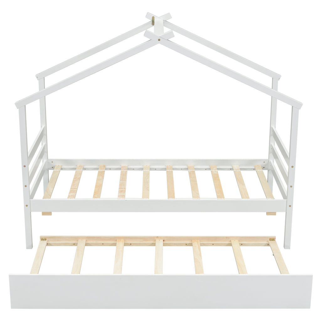 Leoglint Twin Size  House-shaped Bed Frame with Trundle,White