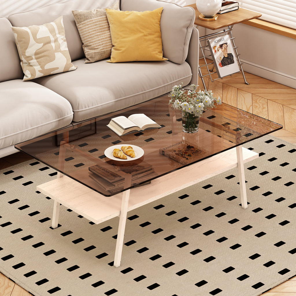 Leoglint Rectangle Coffee Table, Tempered Glass Tabletop with White Metal Legs, Modern Table for Living Room , Brown Glass