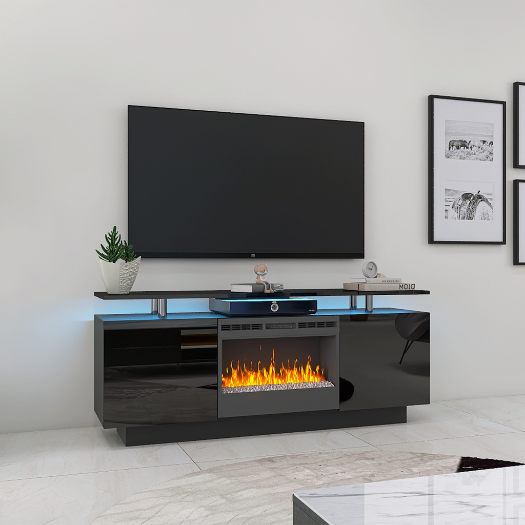 Leoglint Black 160CM large TV stand cabinet with fireplace can heating change color 9 models 8 levels have LED Light