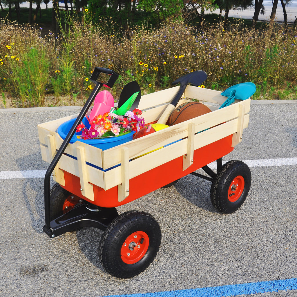 Leoglint Garden cart outdoor sport wagon tools cart wooden side panels air tires Wagon (red)