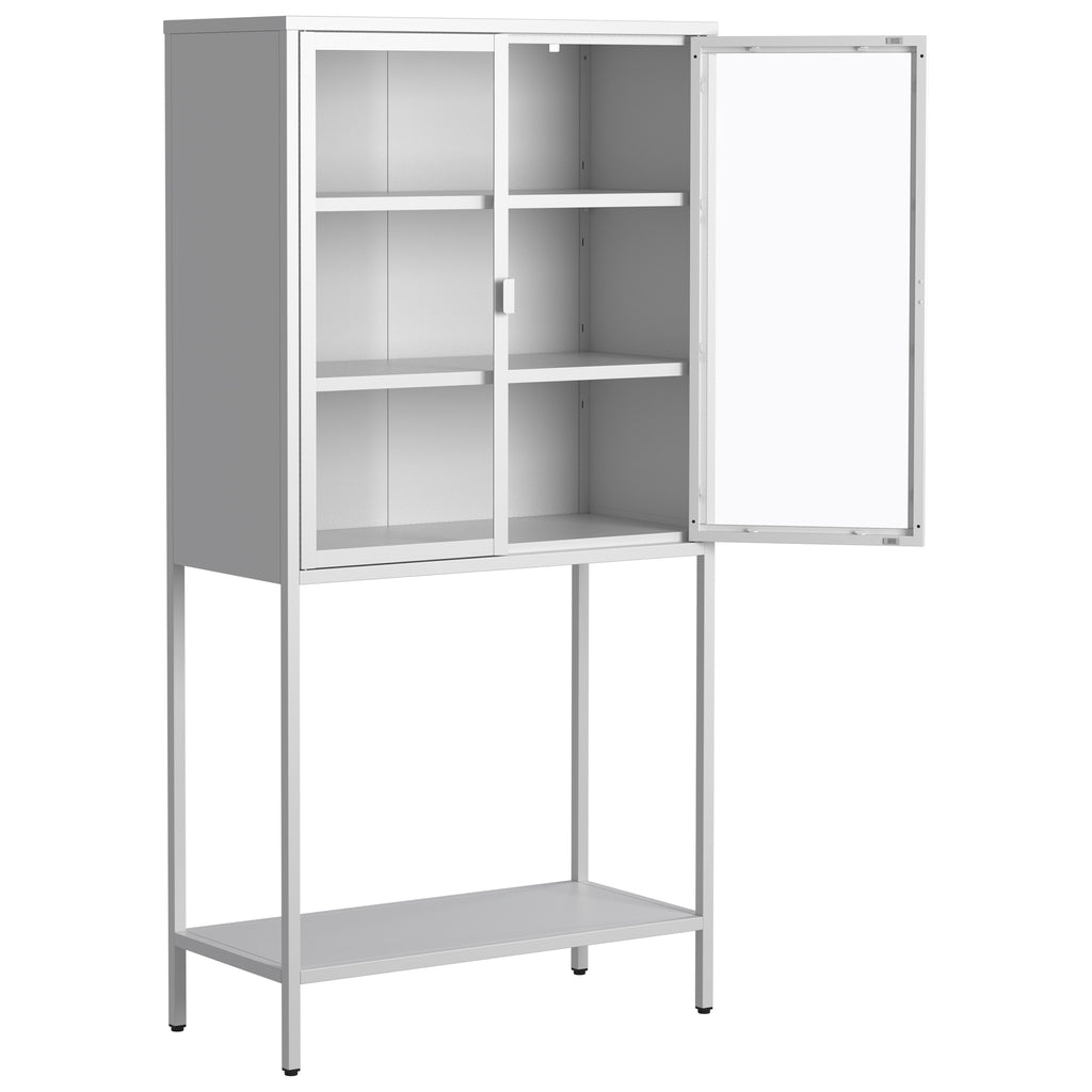 Leoglint 59"H Heavy Duty Metal Storage Cabinet, Display Storage Cabinet with Glass Doors and 2 Adjustable Shelves, Tall Bookcase Modern Bookshelf Cabinet for Home Office, Living Room, Pantry