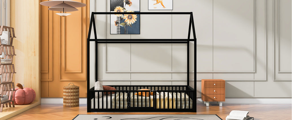 Leoglint Twin Size Metal House Bed Frame with Fence and Door, Black