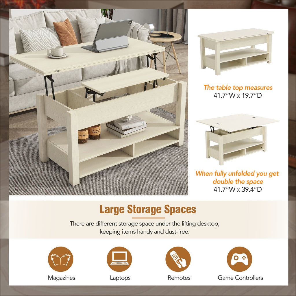 Leoglint [VIDEO provided] ON-TREND Lift Top Coffee Table, Multi-Functional Coffee Table with Open Shelves, Modern Lift Tabletop Dining Table for Living Room, Home Office, Rustic Ivory