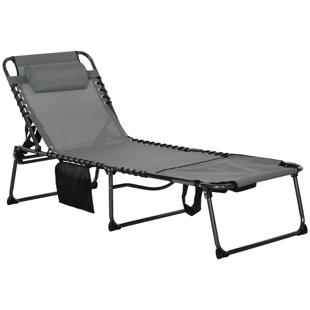 Leoglint Folding Chaise Lounge with 5-level Reclining Back, Outdoor Chair with Reading Face Hole, Outdoor Lounge Chair with Side Pocket & Headrest for Beach, Yard, Patio, Gray