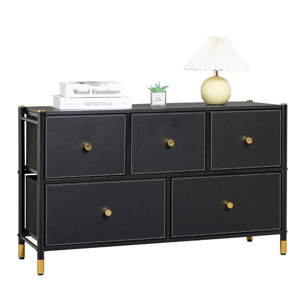 Leoglint Drawer Chest Drawer Dresser cabinet ,all Dresser with 5 PU Leather Front Drawers, Storage Tower with Fabric Bins, Double Dresser, Chest of Drawers for Closet, Living Room, Hallway, Children's Room, color:Black