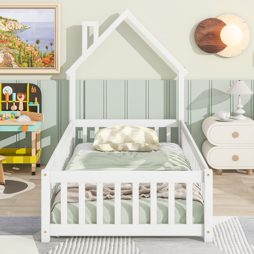 Twin House-Shaped Headboard Floor Bed Frame with Fence,White