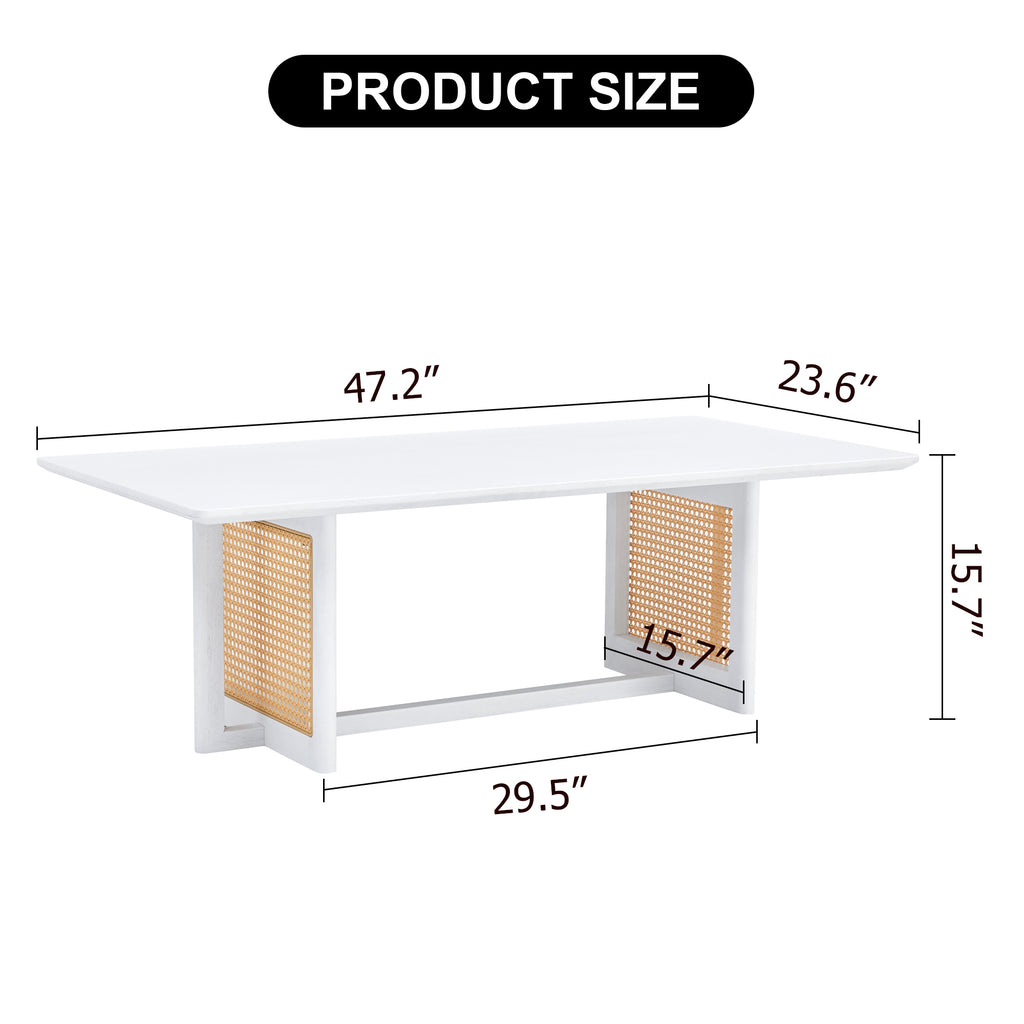 Leoglint Chinese style white solid wood and imitation rattan coffee table, rectangular solid wood coffee low table, small living room coffee table