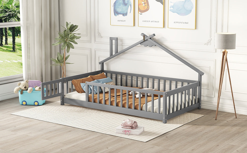 Twin House-Shaped Bedside Floor Bed Frame with Guardrails, Slats, with Door,Grey