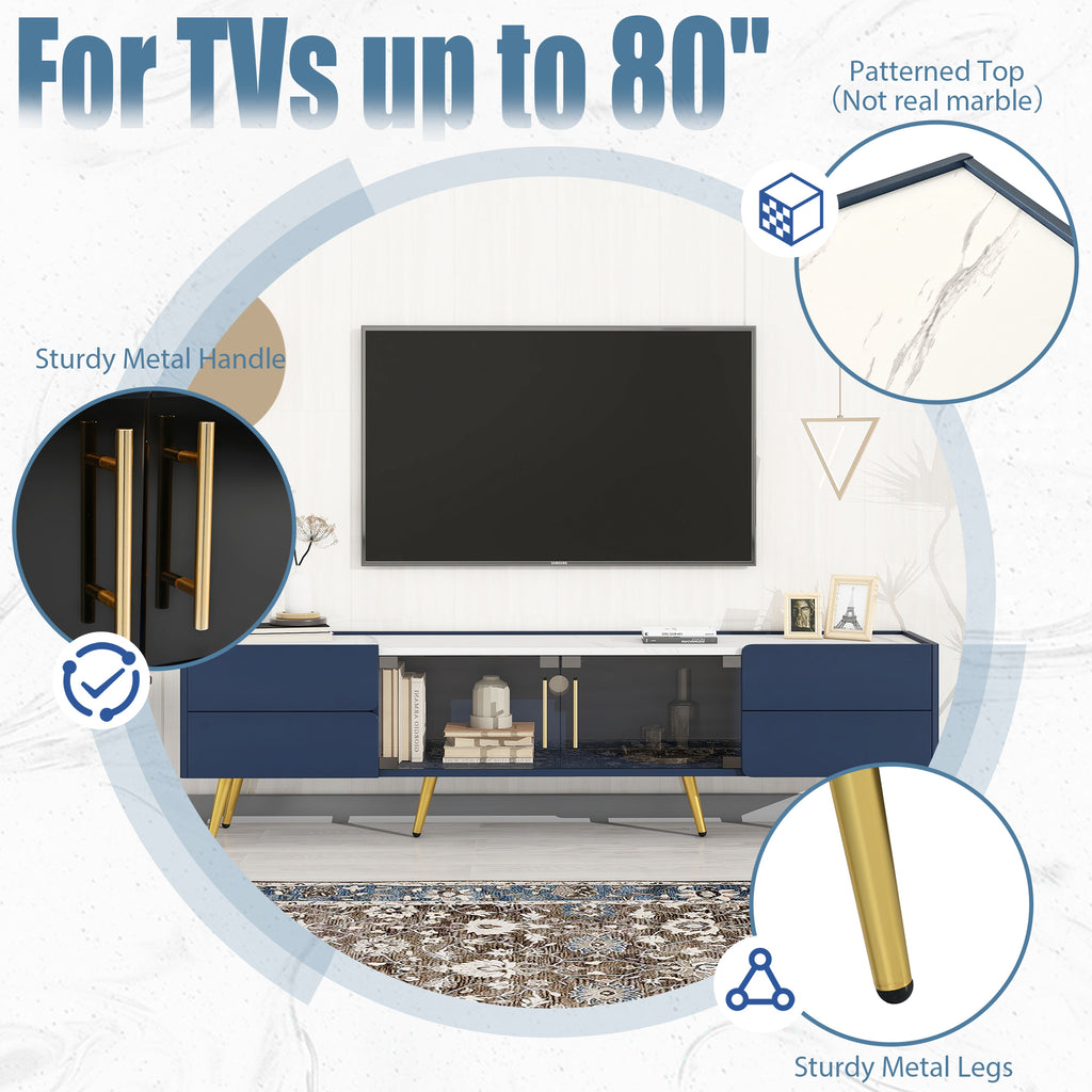 Leoglint U-Can Modern TV Stand with LED lights for TVs up to 80 Inches, Entertainment Center with 4 Drawers and 1 Cabinet with Brown Glass Door, Media Console with Metal Legs and Handles for Living room