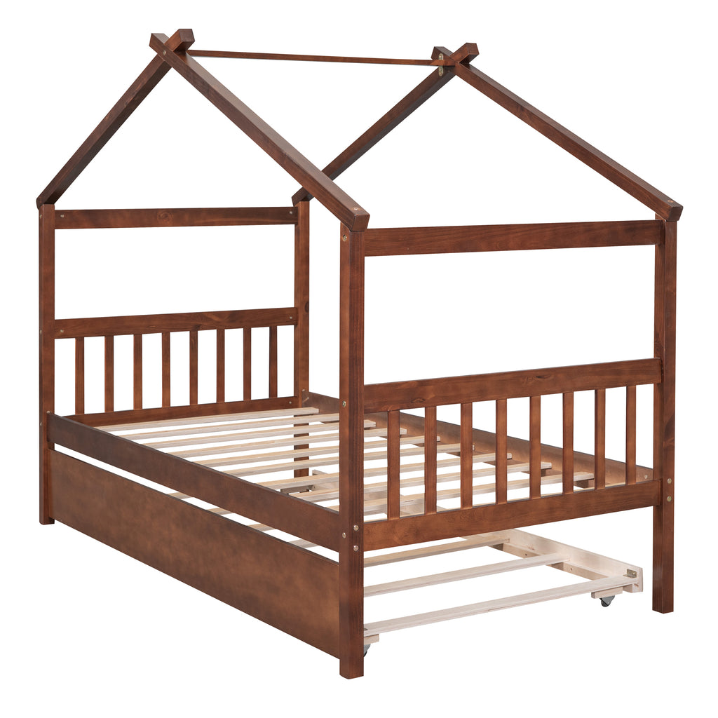 Leoglint Twin Size Wooden House Bed Frame with Twin Size Trundle, Walnut