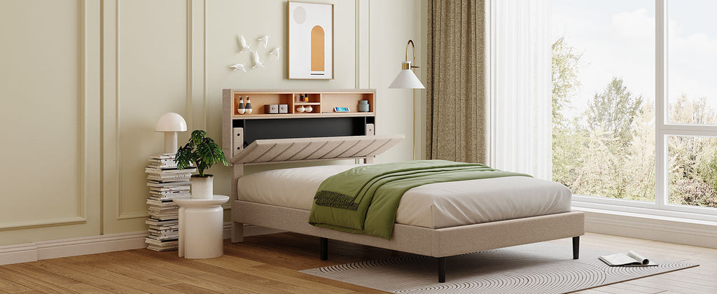 Leoglint Full size Upholstered Platform Bed with Storage Headboard and USB Port,  Linen Fabric Upholstered Bed (Beige)