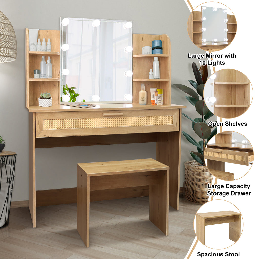 Leoglint Drawer Chest Vanity Desk Set Stool & Dressing Table with LED Lighting Mirror Drawer and Compartments Modern Wood Cosmetic Table Chest of Drawers Nature Color