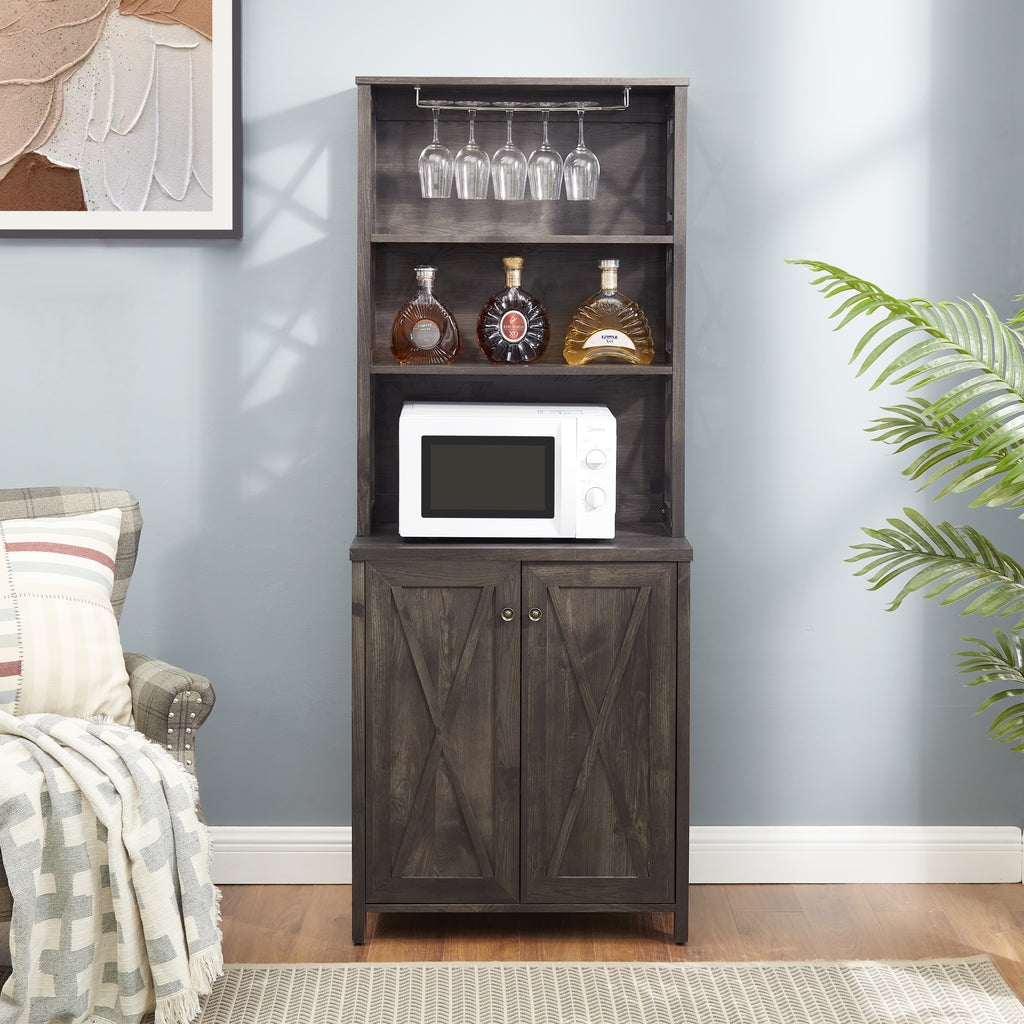 Leoglint Sideboard Coffee Bar Cabinet Kitchen Cabinet with Microwave Stand Metal Frame Side Home Source Bar Cabinet Cabinet and Hollow out Barn Design Wood Cabinet L26.77''*W15.75''*H67.32'' Charcoal Gray