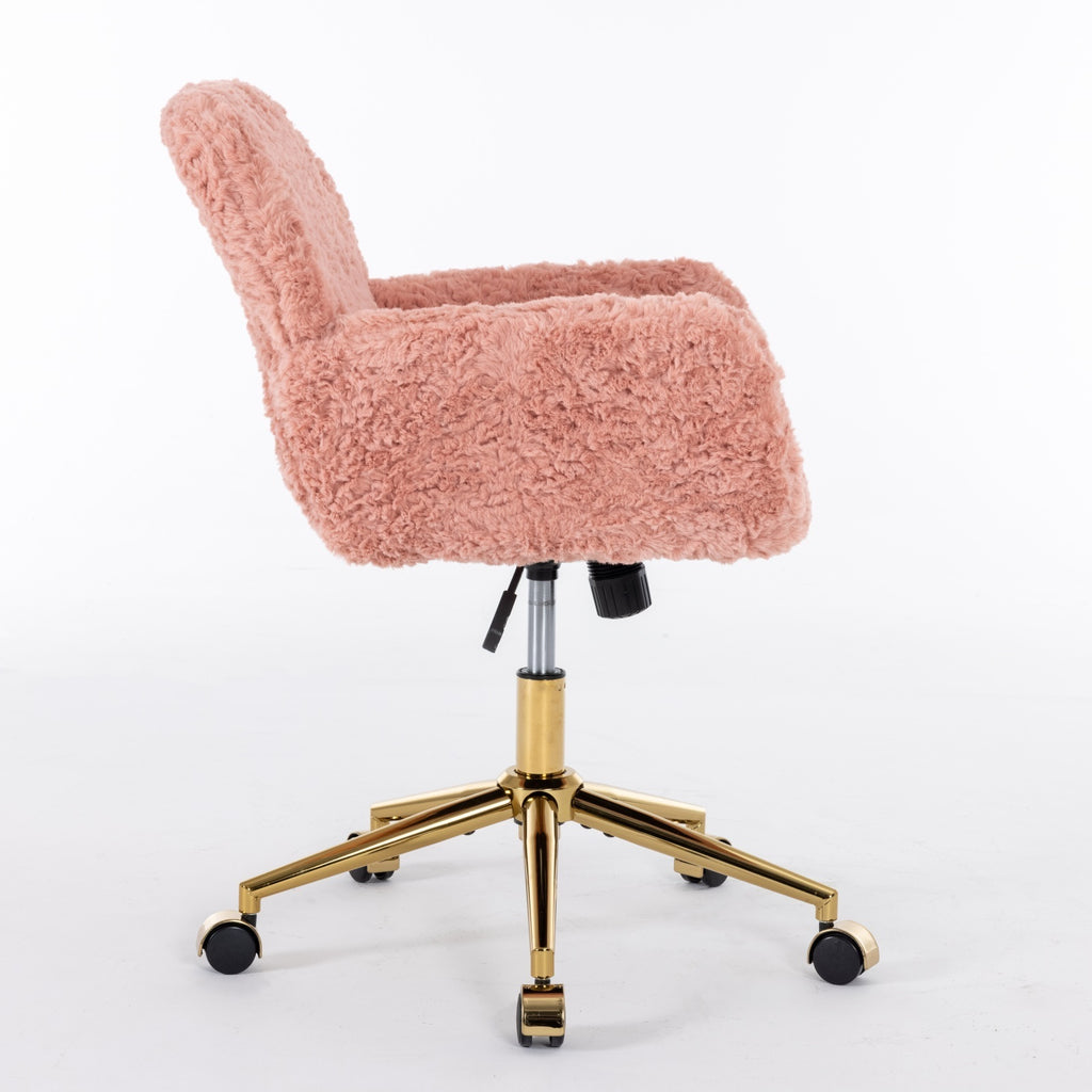 Leoglint A&A Furniture Office Chair,Artificial rabbit hair Home Office Chair with Golden Metal Base,Adjustable Desk Chair Swivel Office Chair,Vanity Chair(Pink)