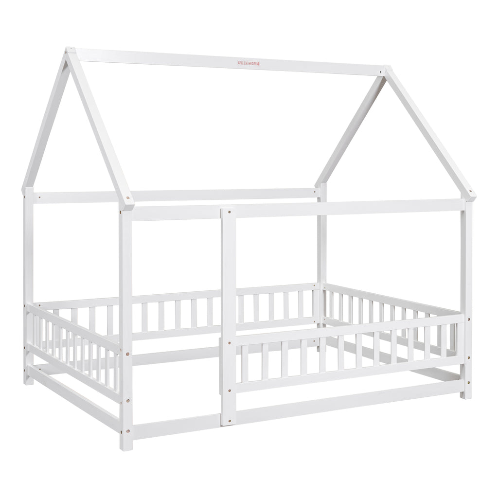 Leoglint Bed Frame Full Size Floor Wooden Bed with House Roof Frame, Fence Guardrails ,White