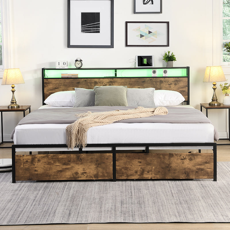 Queen Bed Frame, Storage Headboard with Charging Station, Solid and Stable, Noise Free, No Box Spring Needed, Easy Assembly