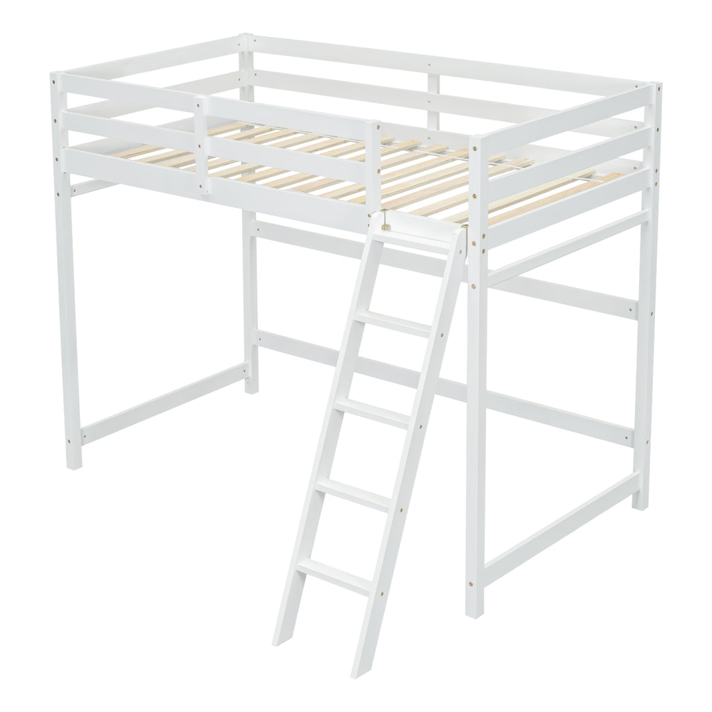 Leoglint Twin Size High Loft Bed Frame with inclined Ladder, Guardrails,White