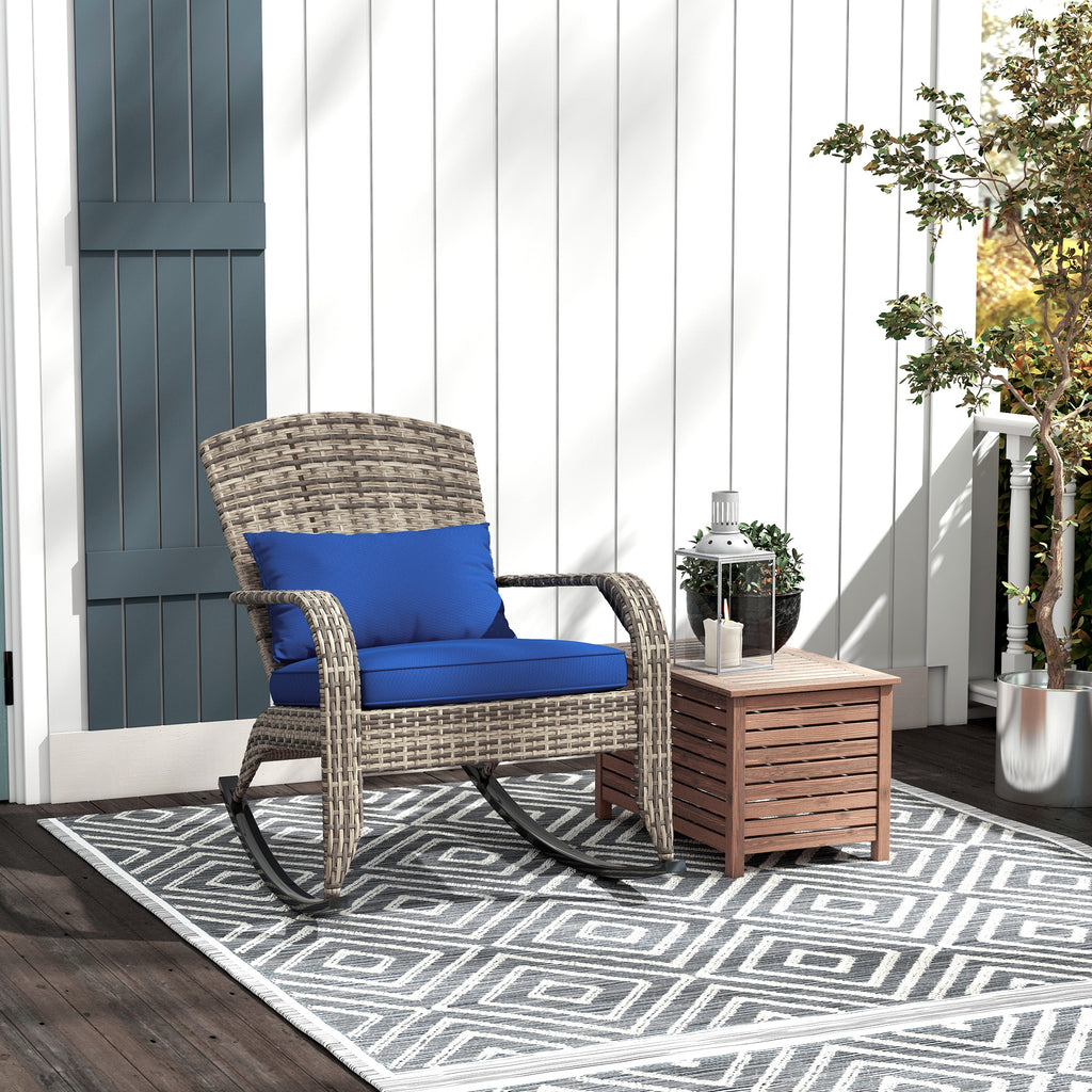 Leoglint Wicker Adirondack Rocking Outdoor Chair, Patio Rattan Rocker Chair with High Back, Seat Cushion, and Pillow for Garden, Porch, Balcony, Dark Blue