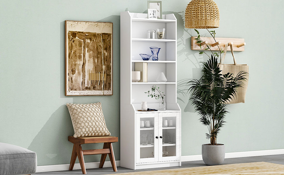 Leoglint ON-TREND Elegant Tall Cabinet with Acrylic Board Door, Versatile Sideboard with Graceful Curves, Contemporary Bookshelf with Adjustable Shelves for Living Room, White