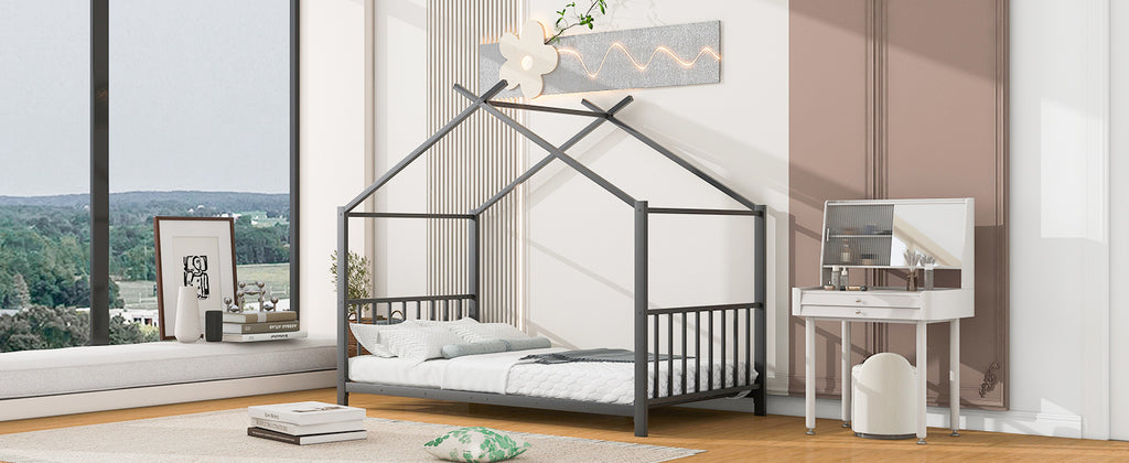 Leoglint Twin Size Metal House Platform Bed Frame, Black