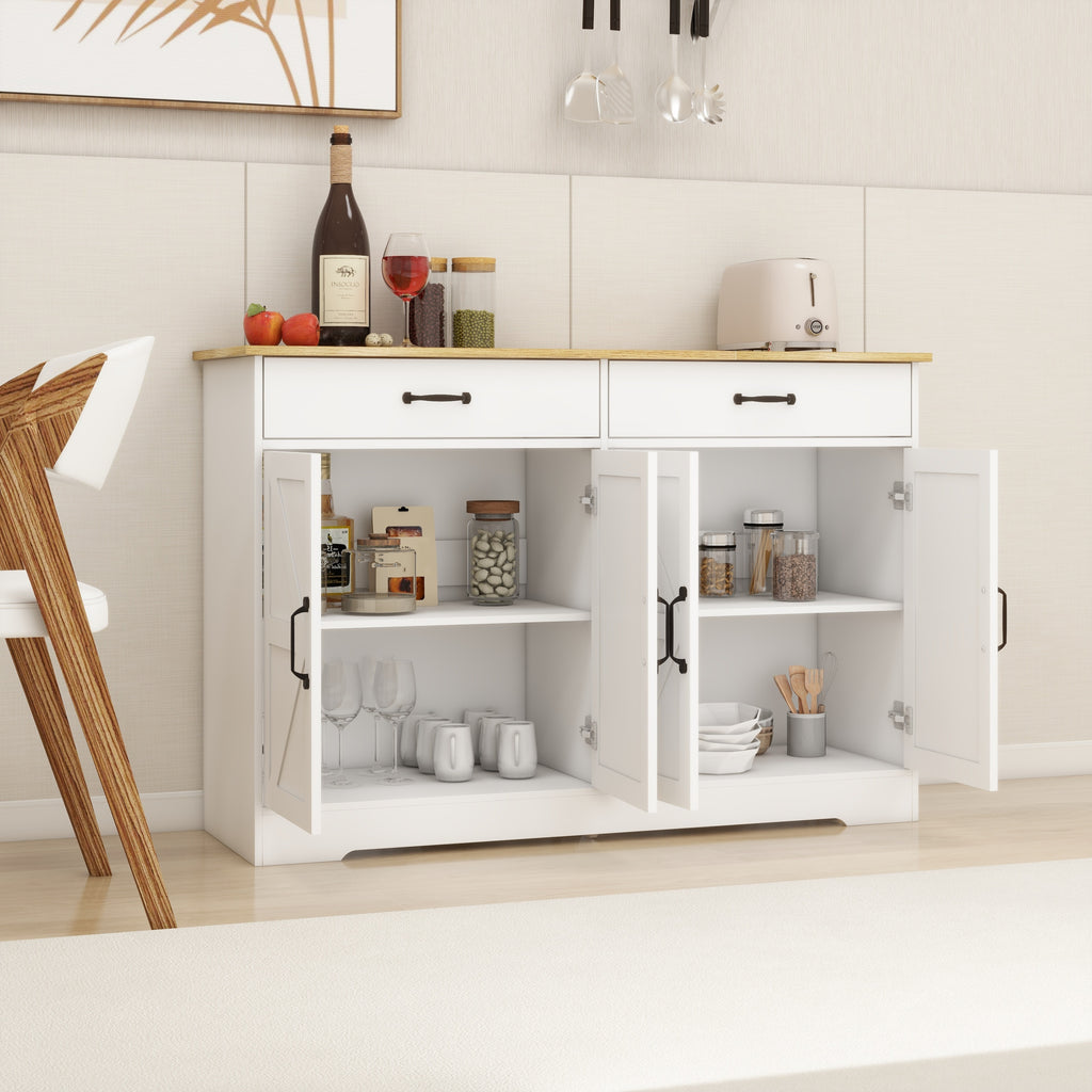 Leoglint 47.95" Farmhouse Buffet Cabinet Storage Sideboard with 2 Drawers and 4 Doors for Dining Living Room Kitchen Cupboard-White