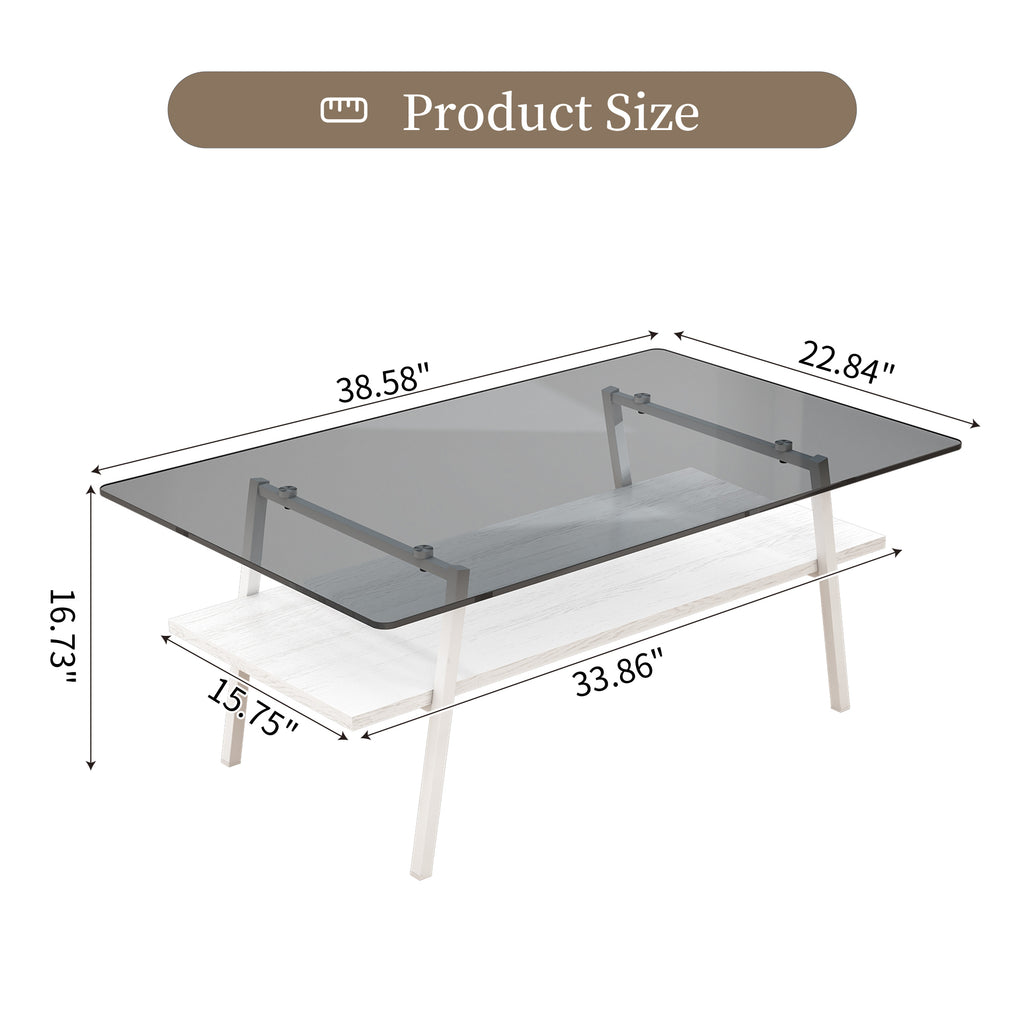 Leoglint Rectangle Coffee Table, Tempered Glass Tabletop with White Metal Legs, Modern Table for Living Room , Gray Glass