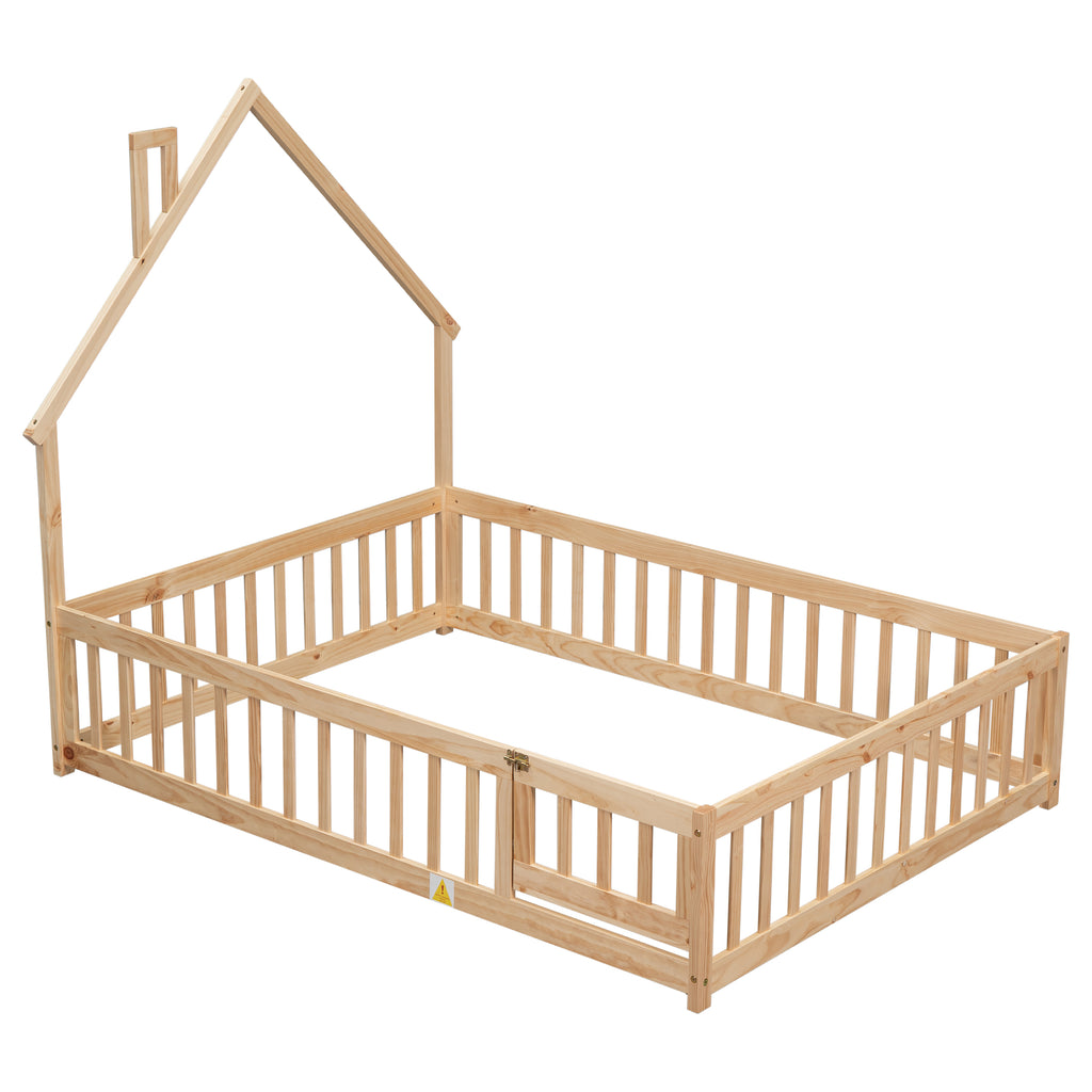 Leoglint Bed Frame Full House-Shaped Headboard Floor Bed with Fence,Natural