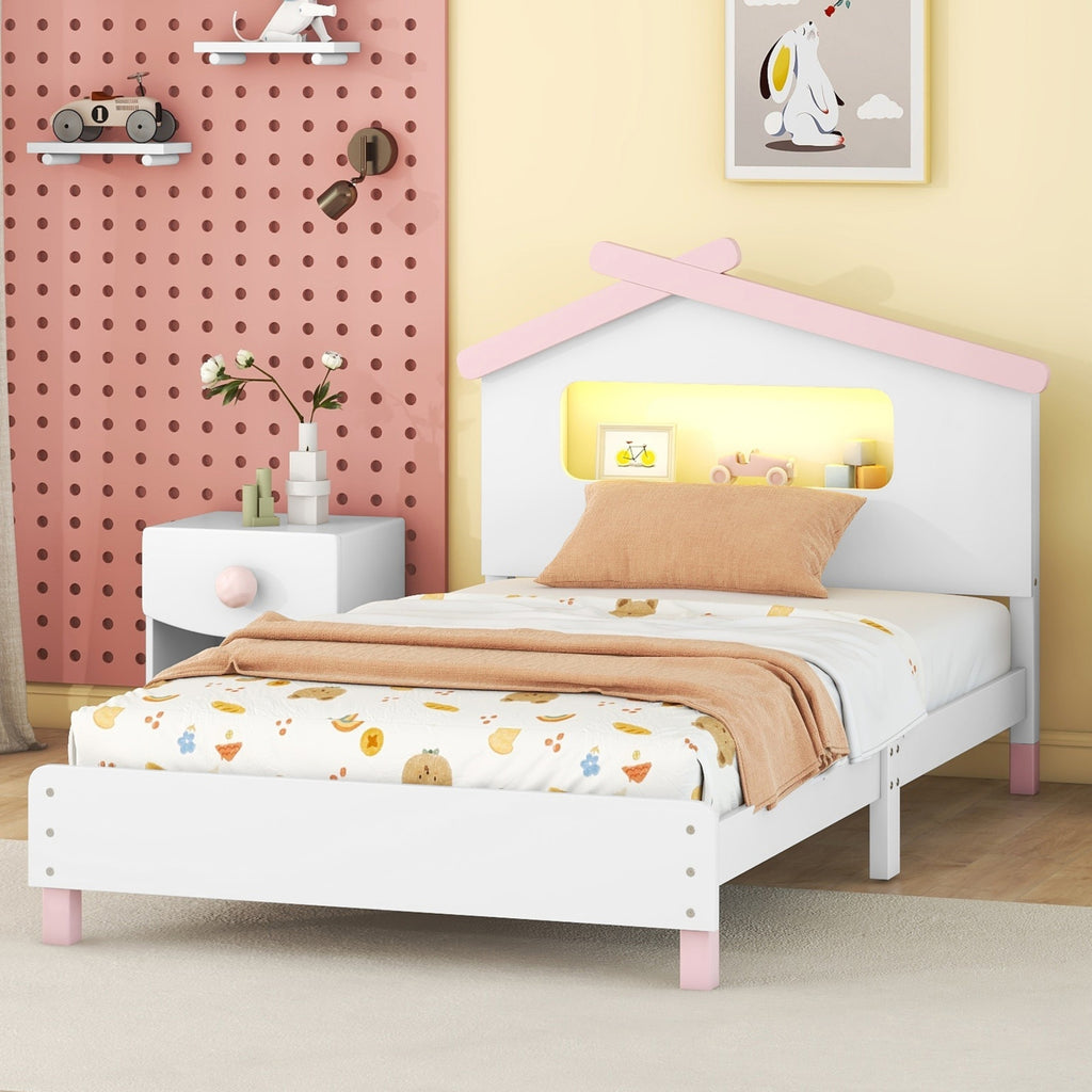 Leoglint Twin Size Wood Platform Bed Frame with House-shaped Headboard and Motion Activated Night Lights (White+Pink)