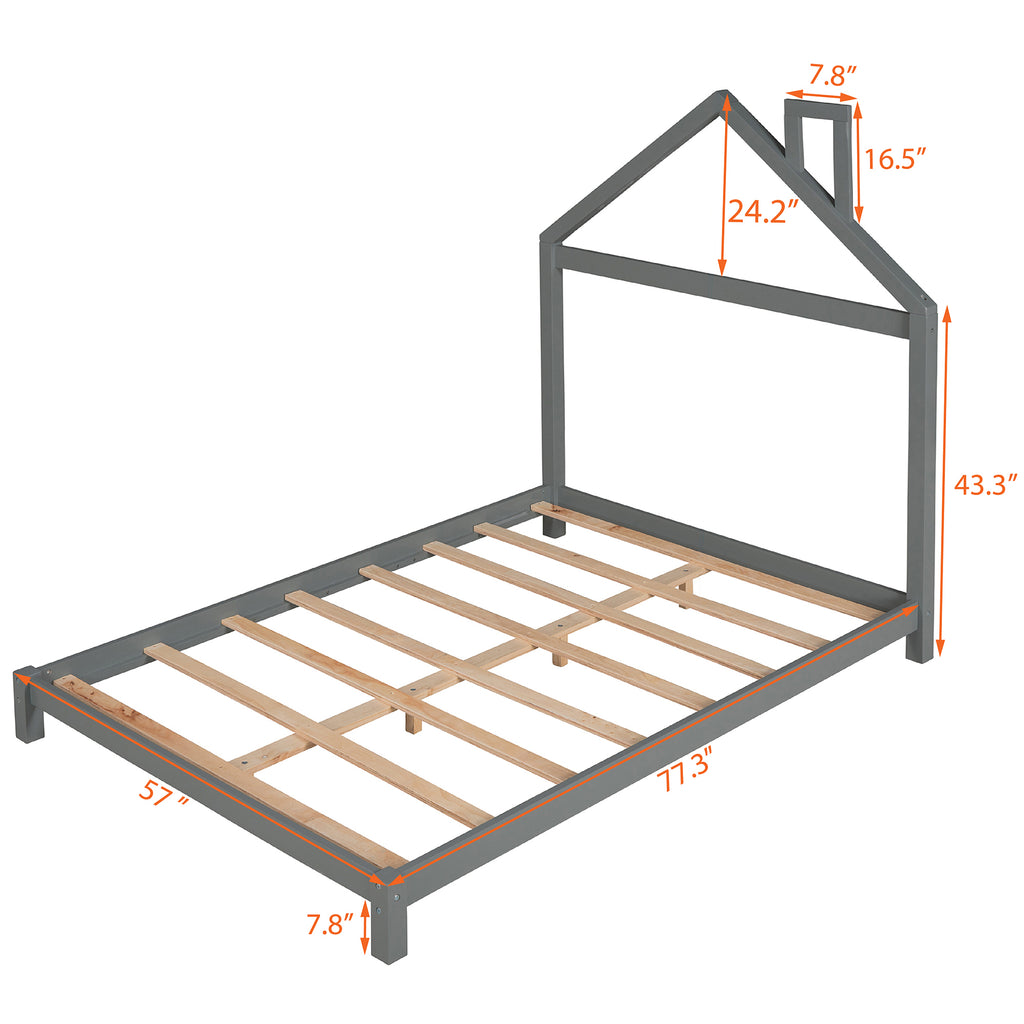 Leoglint Full Size Wood Platform Bed Framewith House-shaped Headboard  (Gray)