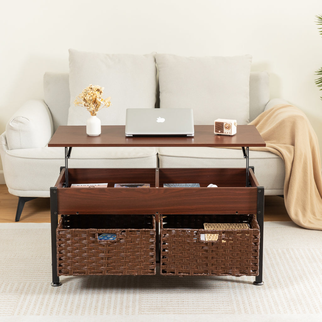 Leoglint Metal coffee table,desk,with a lifting table,and hidden storage space.There were two removable wicker baskets that could be placed in any space such as the living room,color:brownwith solid wood grain