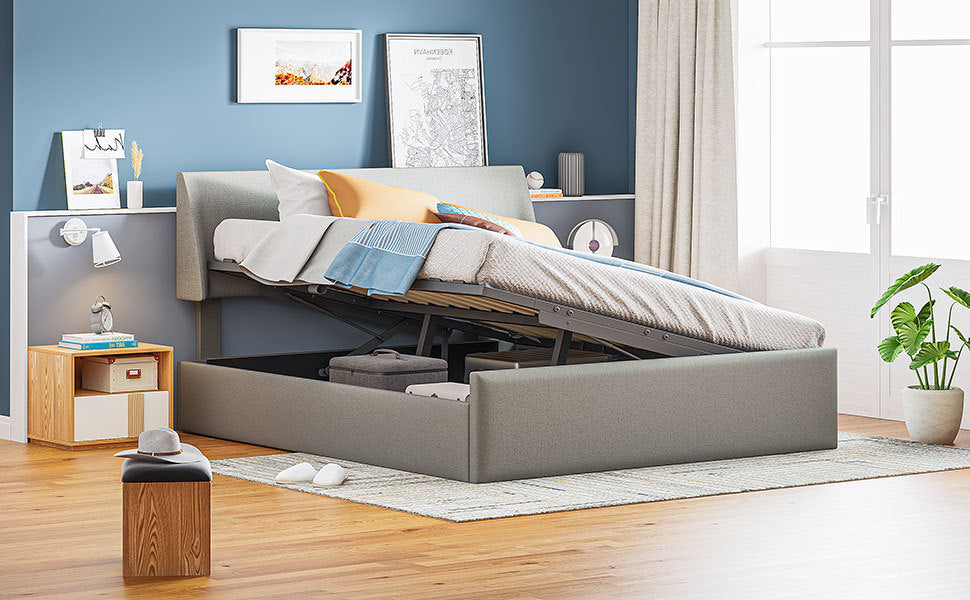 Queen Size Sleigh Bed Frame with Side-Tilt Hydraulic Storage System, Linen Upholstery, Gray