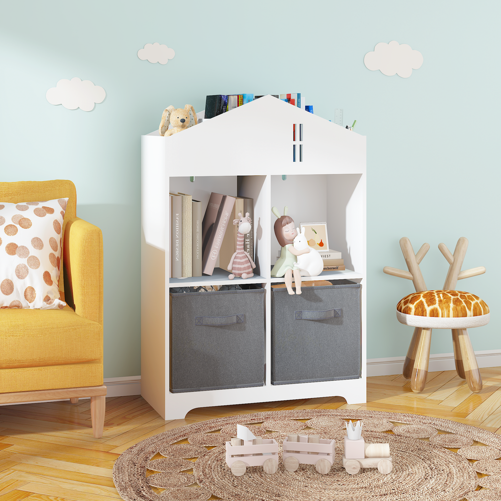 Leoglint Kids Dollhouse Bookcase with Storage, 2-Tier Storage Display Organizer, Toddler Bookshelf with 2 Collapsible Fabric Drawers for Bedroom or Playroom (White/Gray)