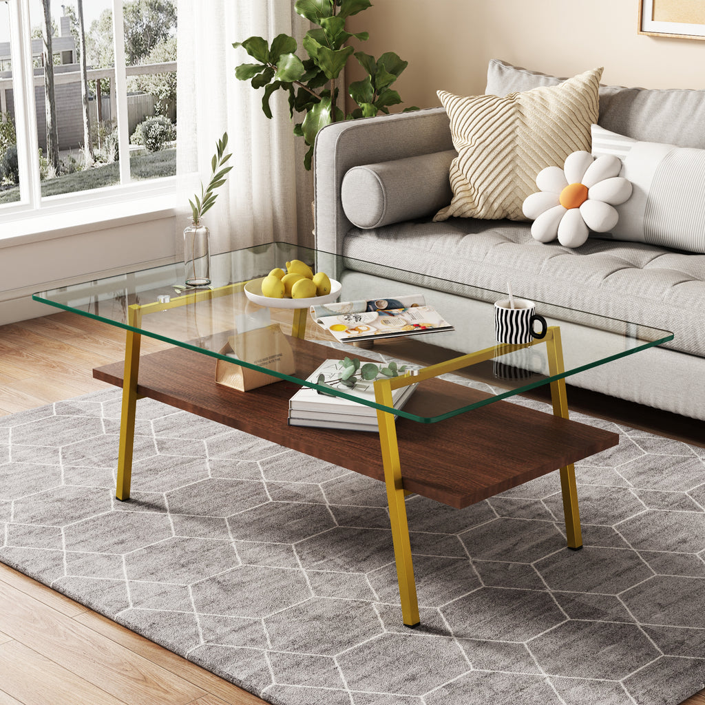 Leoglint Rectangle Coffee Table, Tempered Glass Tabletop with Gold Metal Legs, Modern Table for Living Room , Transparent Glass