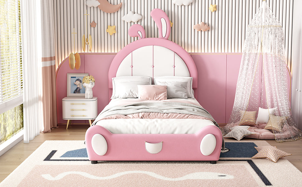 Leoglint Twin Size Upholstered Platform Bed Frame with Rabbit Shaped Headboard, Pink