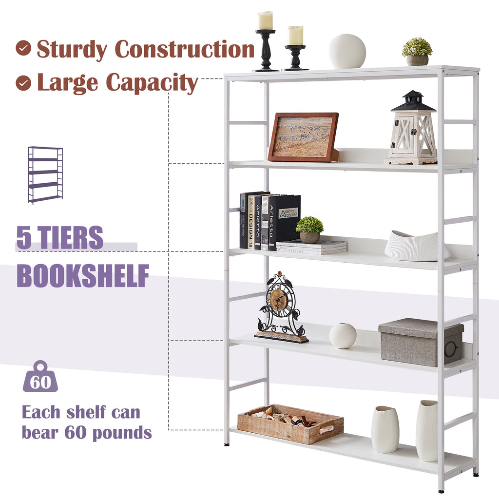 Leoglint [VIDEO] 5-Tier Home Office Bookcase Open Bookshelf Storage Large 5 Shelf Bookshelf Furniture with Metal Frame, White