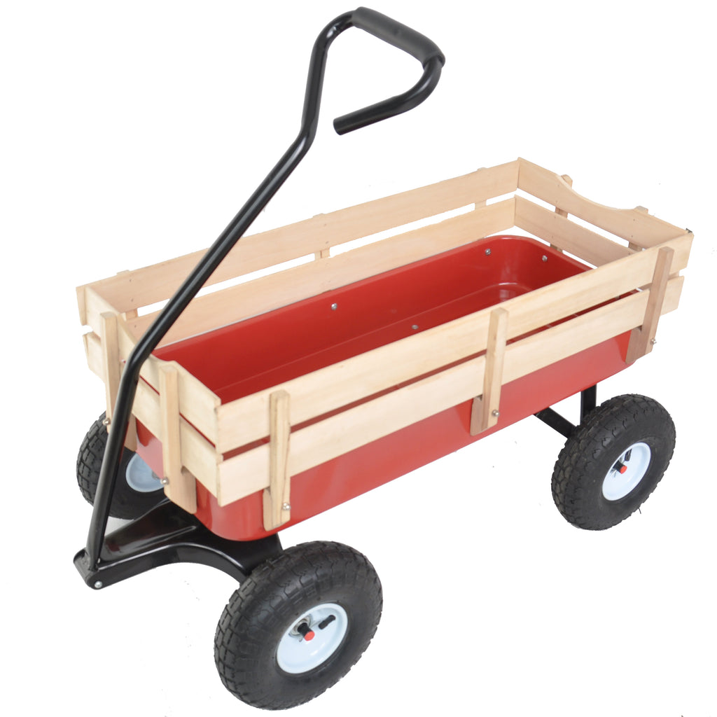 Leoglint Outdoor Wagon All Terrain Pulling Wood Railing Air Tires  Garden cart (Red+white)