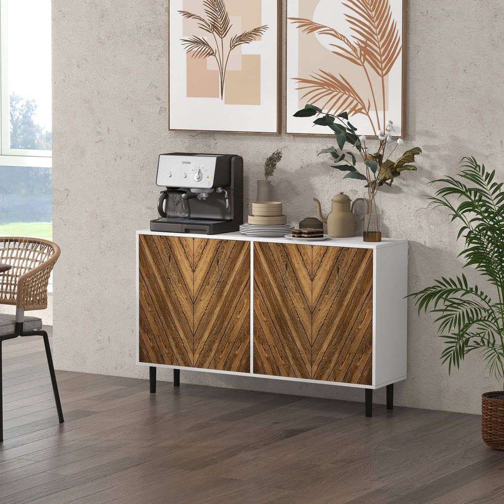 Leoglint Modern Kitchen Sideboard Buffet Cabinet with Adjustable Shelves, 48" Coffee Bar Cabinet with Chevron Doors and Pine Wood Legs, Brown