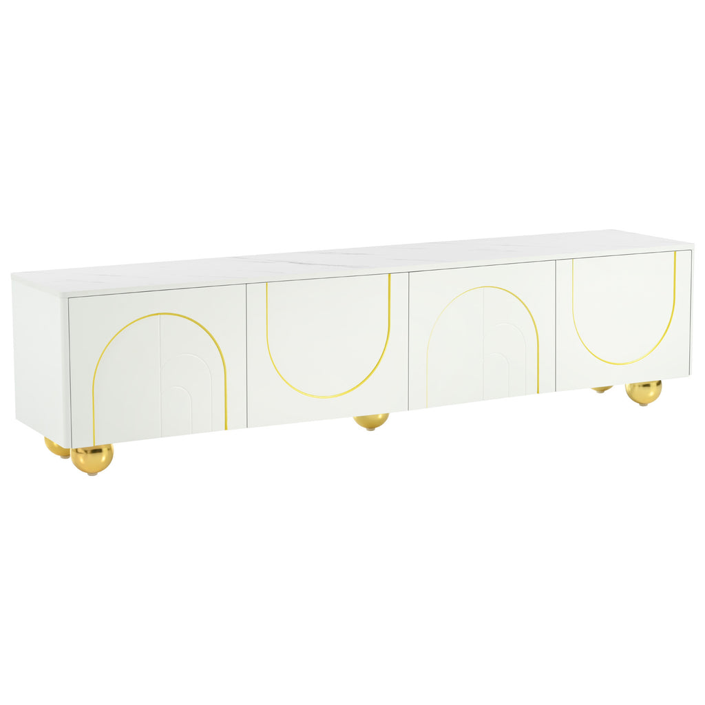 Leoglint U-Can Modern TV Stand for TVs up to 75 Inches, Entertainment Center with Storage Cabinets and 1 Adjustable Shelf, Media Console with Marble-patterned Top and Golden Round Metal Legs for Living room