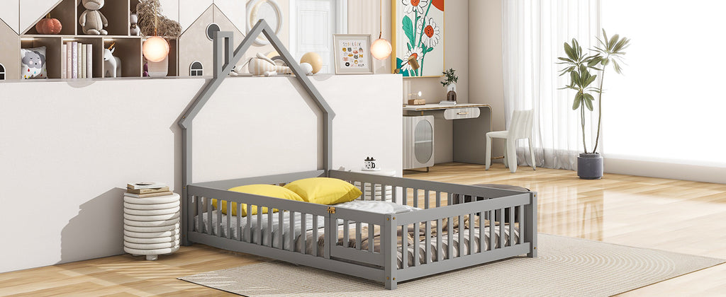 Leoglint Bed Frame Full House-Shaped Headboard Floor Bed with Fence ,Grey