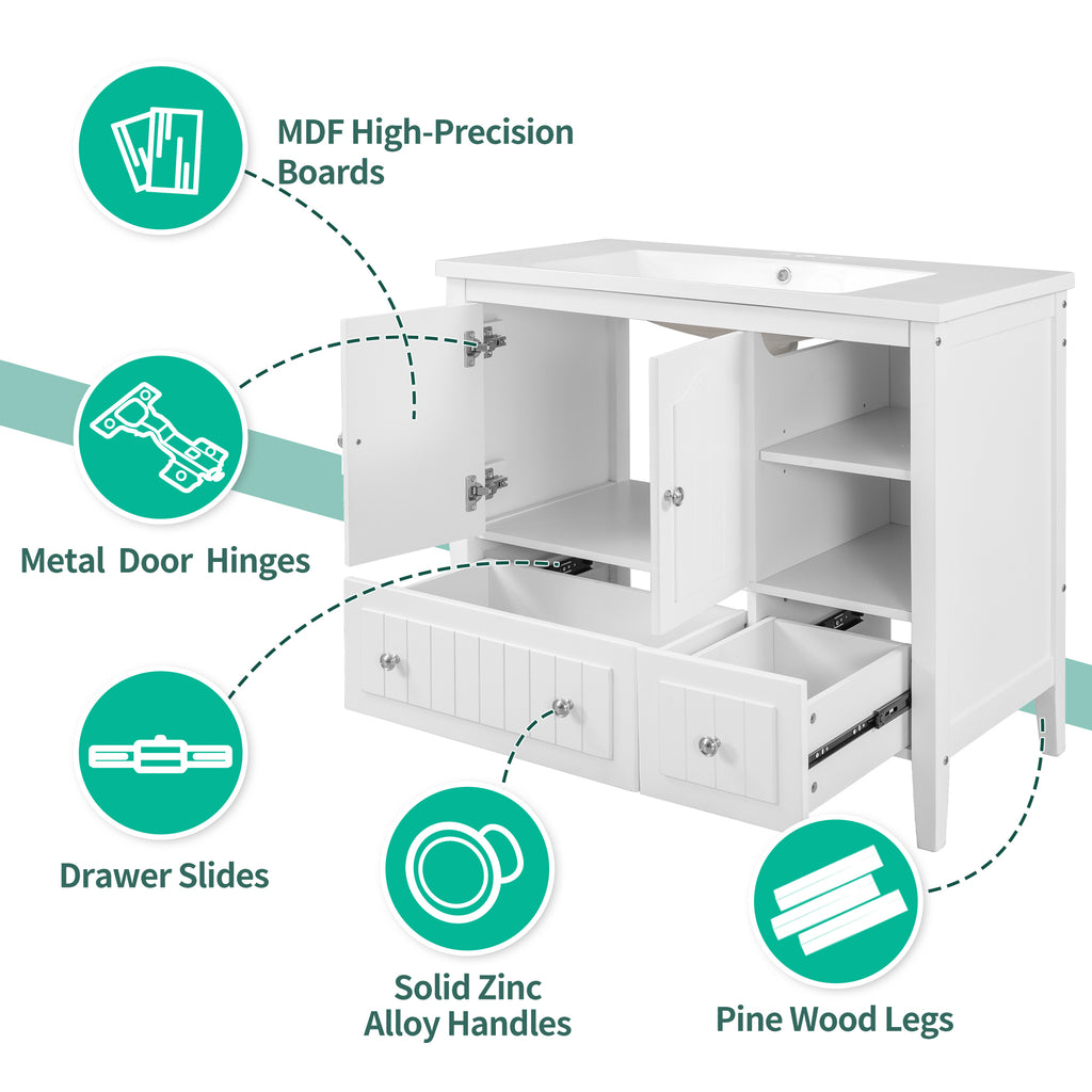 Leoglint 36" Bathroom Vanity Base Only, Solid Wood Frame and MDF Boards, White