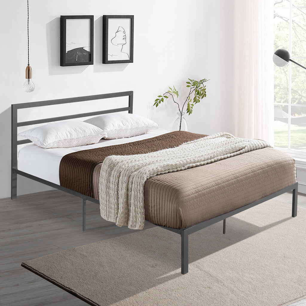 Queen Size Metal Bed Frame with Headboard Charcoal Grey